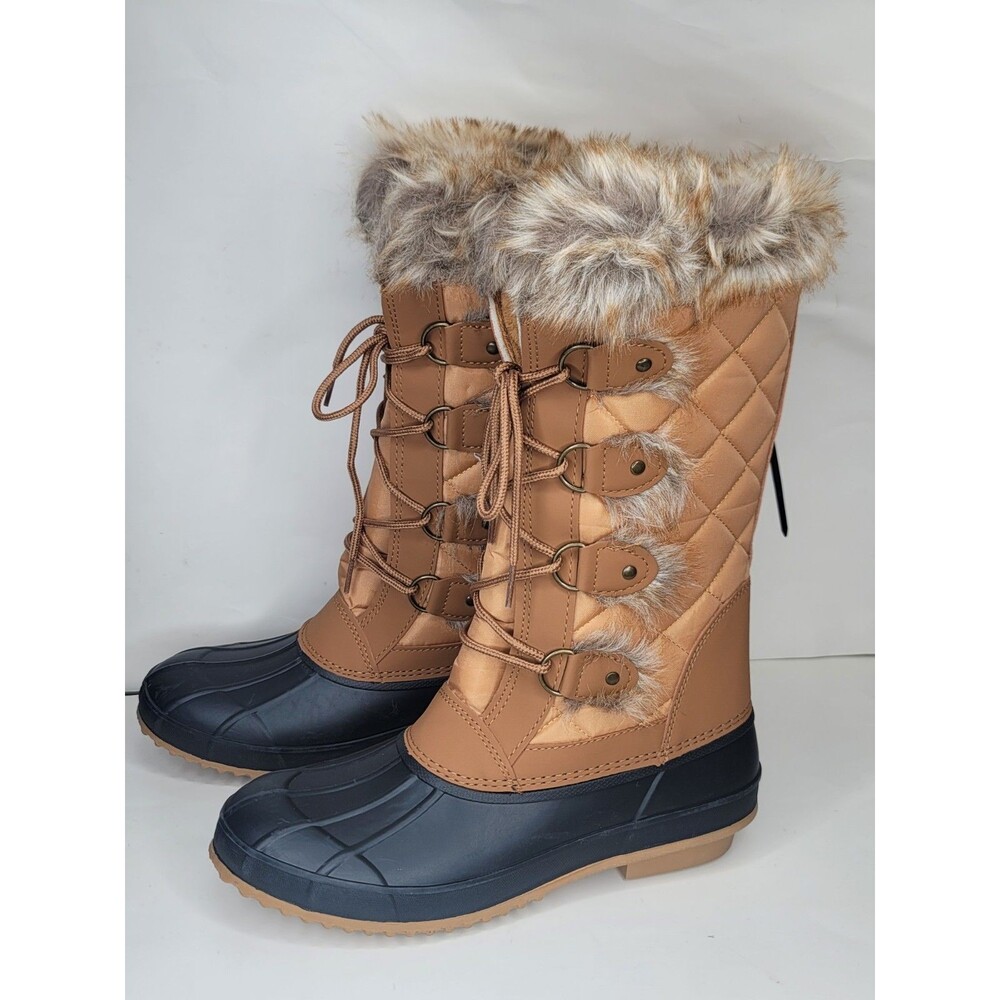 Women’s Tan Quilted Faux Fur Duck Boots Lace Up Winter Snow Boots Size 11